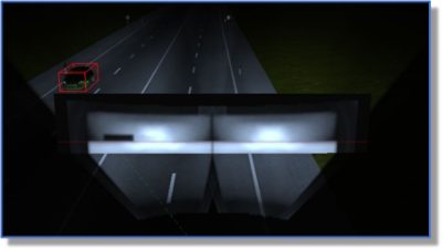 Figure 2: This image shows an active baseline layer for the low beam section of a pixel light. Note how the passenger cabin is masked, while the lower section of the vehicle is illuminated. | 