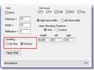 Figure 6: Scene dialog section which shows the leveling options of the aiming wall: Car Axis and Horizon. | Synopsys