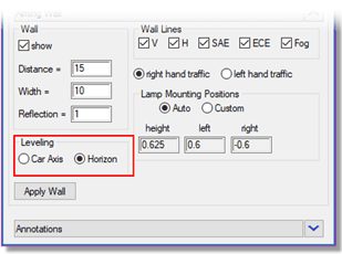 Figure 6: Scene dialog section which shows the leveling options of the aiming wall: Car Axis and Horizon. | °ϲʿ