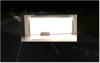 The simulated light distribution for each individual source pixel is used during the driving simulation. The masked region shown on the aiming wall is not entirely dark anymore. Instead, you can see some illumination caused by Fresnel reflections, aberrations, stray light effects, ghost images from your optical system, impact of coatings, etc. | Synopsys