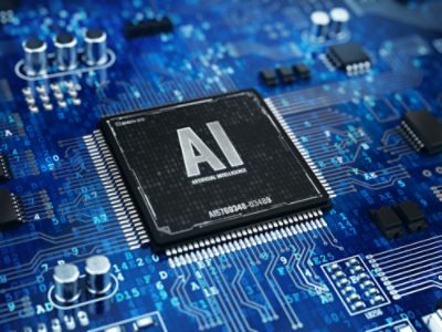 Computer chip microprocessor with AI sign 