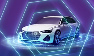 Futuristic car on purple background with transparent hexagons overlay