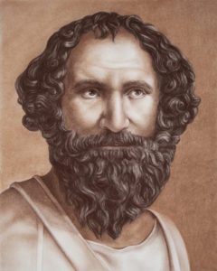Archimedes of Syracuse a Greek mathematician, physicist, engineer, inventor, and astronomer. Hand drawing portrait by pastel in brown color.