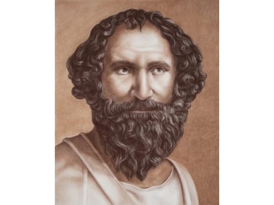 Archimedes of Syracuse a Greek mathematician, physicist, engineer, inventor, and astronomer. Hand drawing portrait by pastel in brown color.
