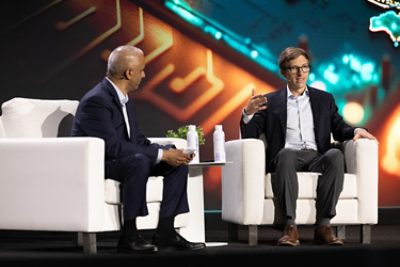 Synopsys Chief Product Management Officer Ravi Subramanian joins Chris Miller, author of “Chip War,” during the industry keynote at Synopsys Converge on March 12, 2026 in Santa Clara, Calif. 