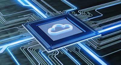 View of a CPU processor chip with a cloud and network connection on a circuit board 