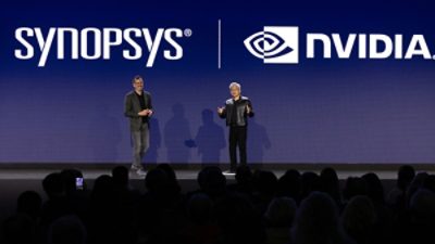 NVIDIA Founder and CEO Jensen Huang joins Synopsys CEO Sassine Ghazi during the opening keynote at Synopsys Converge on March 11, 2026, in Santa Clara, Calif.   