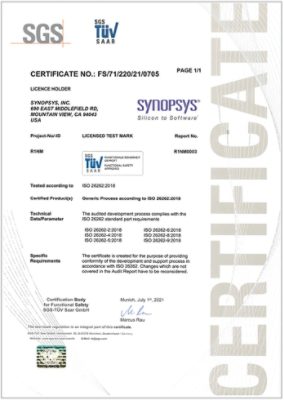 SGS TUV Saar Certificate for Synopsys Generic Process according to ISO 26262:2018
