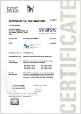 SGS TUV Saar Certificate for  Generic Process according to ISO 26262:2018