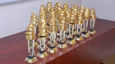 Trophies arranged on shelf