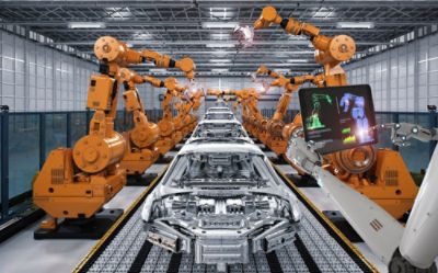 3d rendering cyborg control robot assembly line in car factory