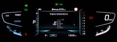 Modern LCD instrument cluster with fully digital engine temperature gauge in center. Illuminated car dashboard panel with speedometer, tachometer, fuel gauge, gear position indicator in hybrid vehicle