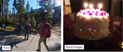 Examples of flare and ghost images in photos taken with a smartphone camera