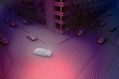 Autonomous car uses LiDAR sensors to detect surrounding buildings and cars | 