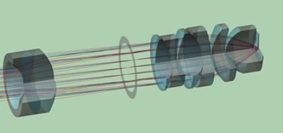 Cutaway view of a microscope objective, focusing rays at points under a cover glass. | 