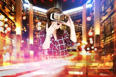 Double exposure, young girl getting experience VR headset, is using augmented reality glasses, being in a virtual actuality. In the library