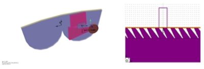 Illustration of an AR system modeled in LightTools (left) and the diffractive structure modeled in RSoft Photonic Device Tools (right)