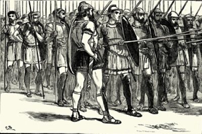 Vintage engraving of a Macedonian Phalanx. The phalanx was a rectangular mass military formation, usually composed entirely of heavy infantry armed with spears, pikes, sarissas, or similar weapons.