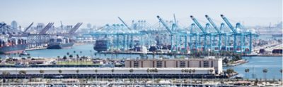 Industrial Cranes Loading Container Ships at Port of Long Beach, California