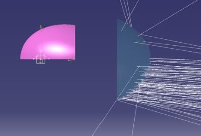 Projector module simulation with emitted rays from a ray file that has been created with the ray file sensor with surface selection (curves side of projector lens) | Synopsys