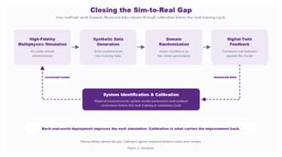 Diagram illustrating a feedback loop for closing the sim-to-real gap.