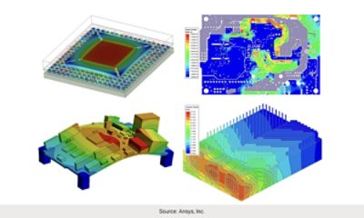 Figure 3: Multiphysics images showing thermal, electromagnetic, and mechanical simulation results across multiple scales from chip, to package, to board, to system. | °ϲʿ