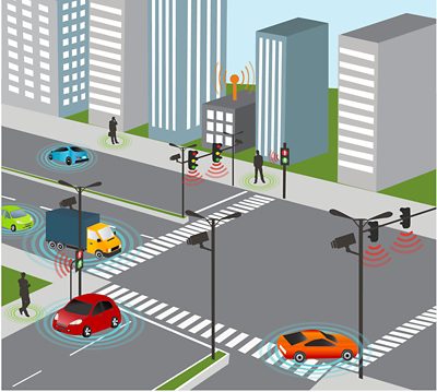 5G Automotive Technology in Urban Traffic Illustration