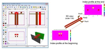 Figure 2. Layout in RSoft CAD and index profile at the beginning and the end | Synopsys