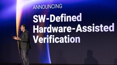Synopsys CEO Sassine Ghazi announces the HAPS®-200 12 FPGA and ZeBu-200 12 FPGA, two new state-of-the-art hardware-assisted verification systems for data center-sub-system, mobile, client, server, consumer, and edge AI applications, during Synopsys Converge on March 11, 2026, in Santa Clara, Calif.   