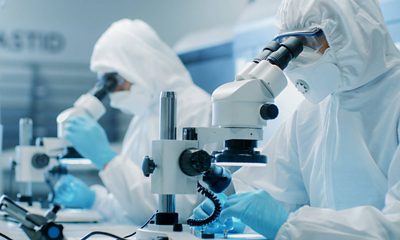 Engineers, Scientists, Technicians, Sterile, Cleanroom Suits, Microscopes for Component, Research, Electronic Components Manufacturing