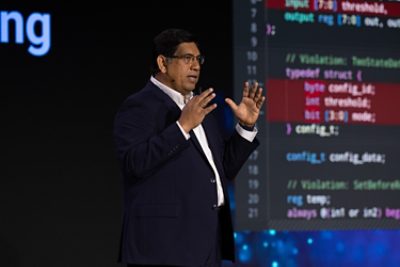 Shankar Krishnamoorthy, Chief Product Development Officer at Synopsys, delivers the keynote at the company’s annual user conference on March 11, 2026, in Santa Clara, Calif.   