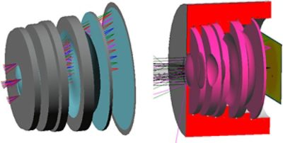 Smartphone camera system designed in CODE V (left) and imported into LightTools (right) to add optomechanical parts and perform stray light analysis