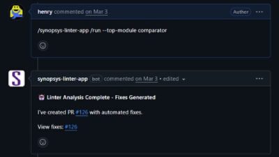The Synopsys Linter GitHub App triggered using a slash command