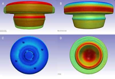 Surface deviation map in Simpleware software showing deformations of a vial stopper