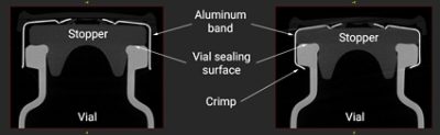 High Resolution micro CT scans of parenteral vials at the two different stages of the sealing process