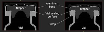 High Resolution micro CT scans of parenteral vials at the two different stages of the sealing process