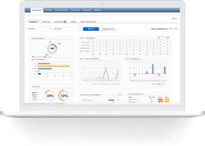 A visual of the WhiteHat Dynamic dashboard showcasing vulnerability results on a laptop